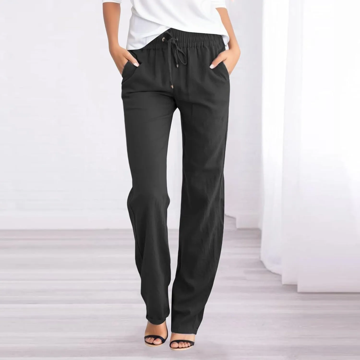 Women's Linen Summer Boho Pants High Waist Ankle Length Slim Fit Pants Business Work