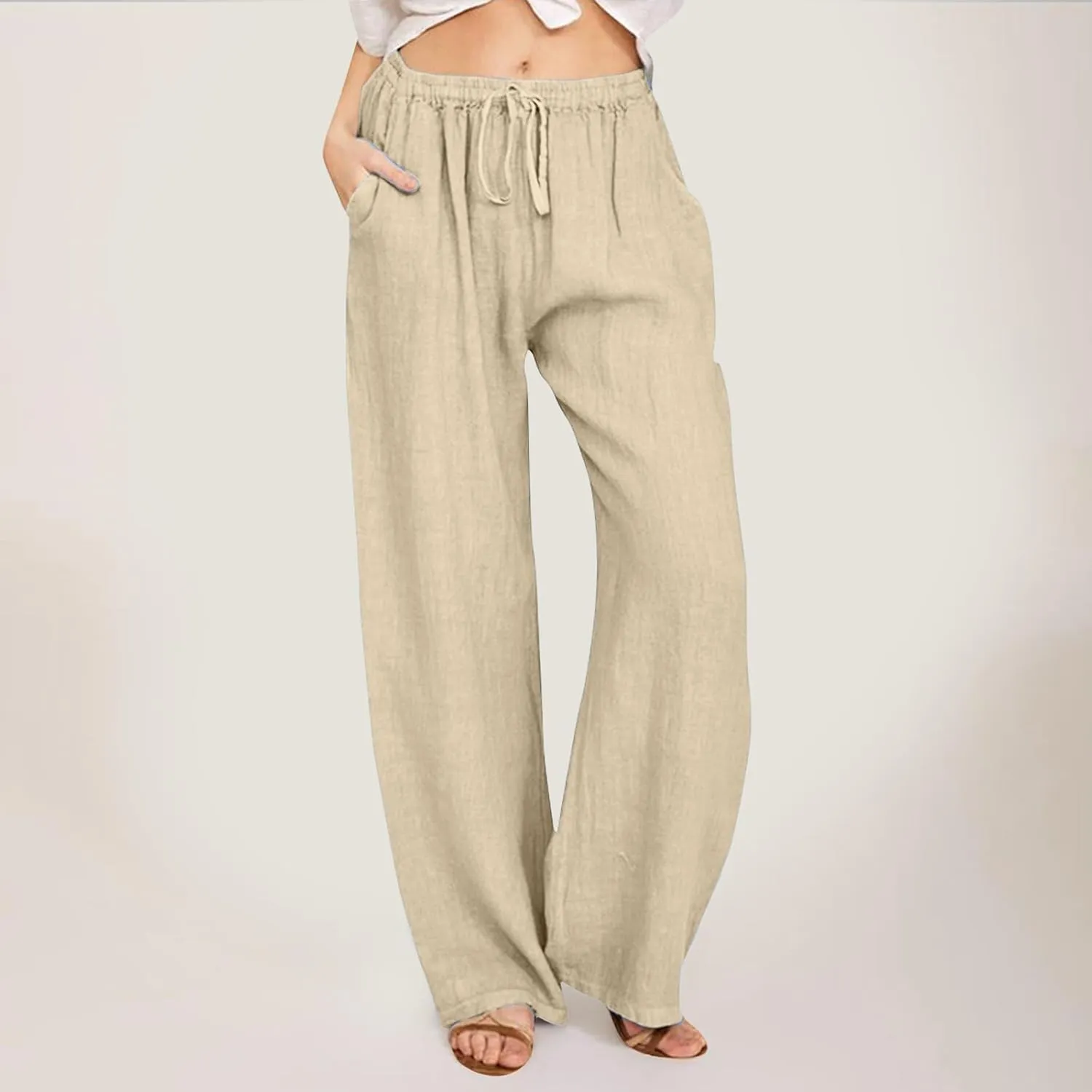 Womens Linen Summer Palazzo Pant Flowy Wide Leg Beach Pants High Waisted Casual Trousers with Pockets