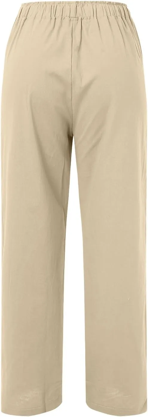 Womens Linen Summer Palazzo Pant Flowy Wide Leg Beach Pants High Waisted Casual Trousers with Pockets