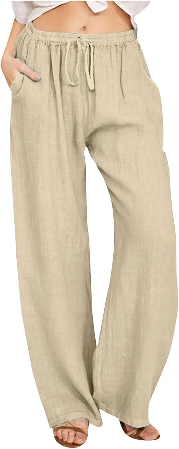 Womens Linen Summer Palazzo Pant Flowy Wide Leg Beach Pants High Waisted Casual Trousers with Pockets
