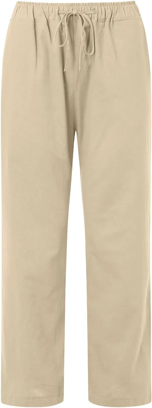 Womens Linen Summer Palazzo Pant Flowy Wide Leg Beach Pants High Waisted Casual Trousers with Pockets