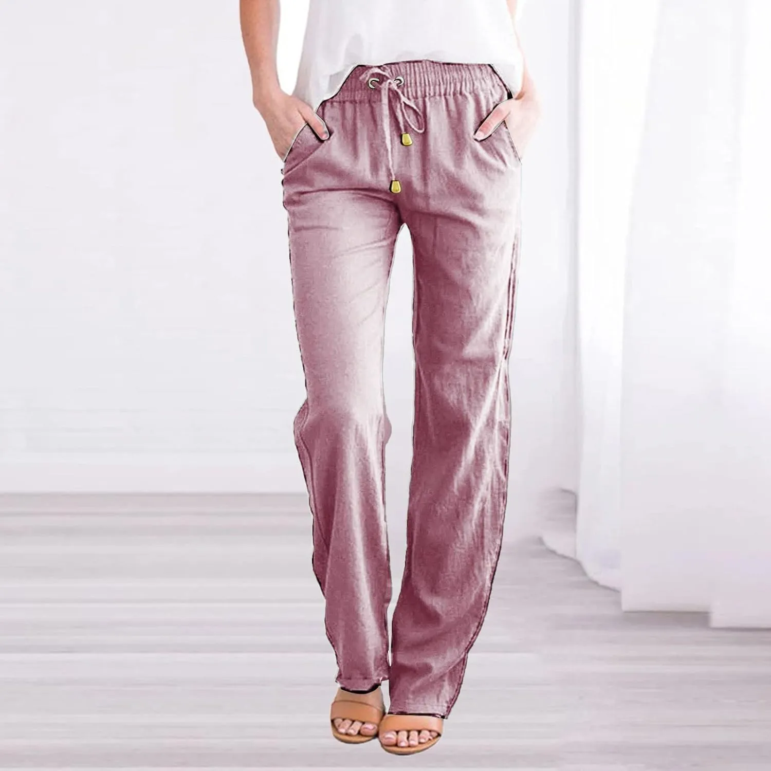 Womens Linen Summer Solid Pant Trousers High Waist Stretchy Straight Slim-Fit Pants Trendy