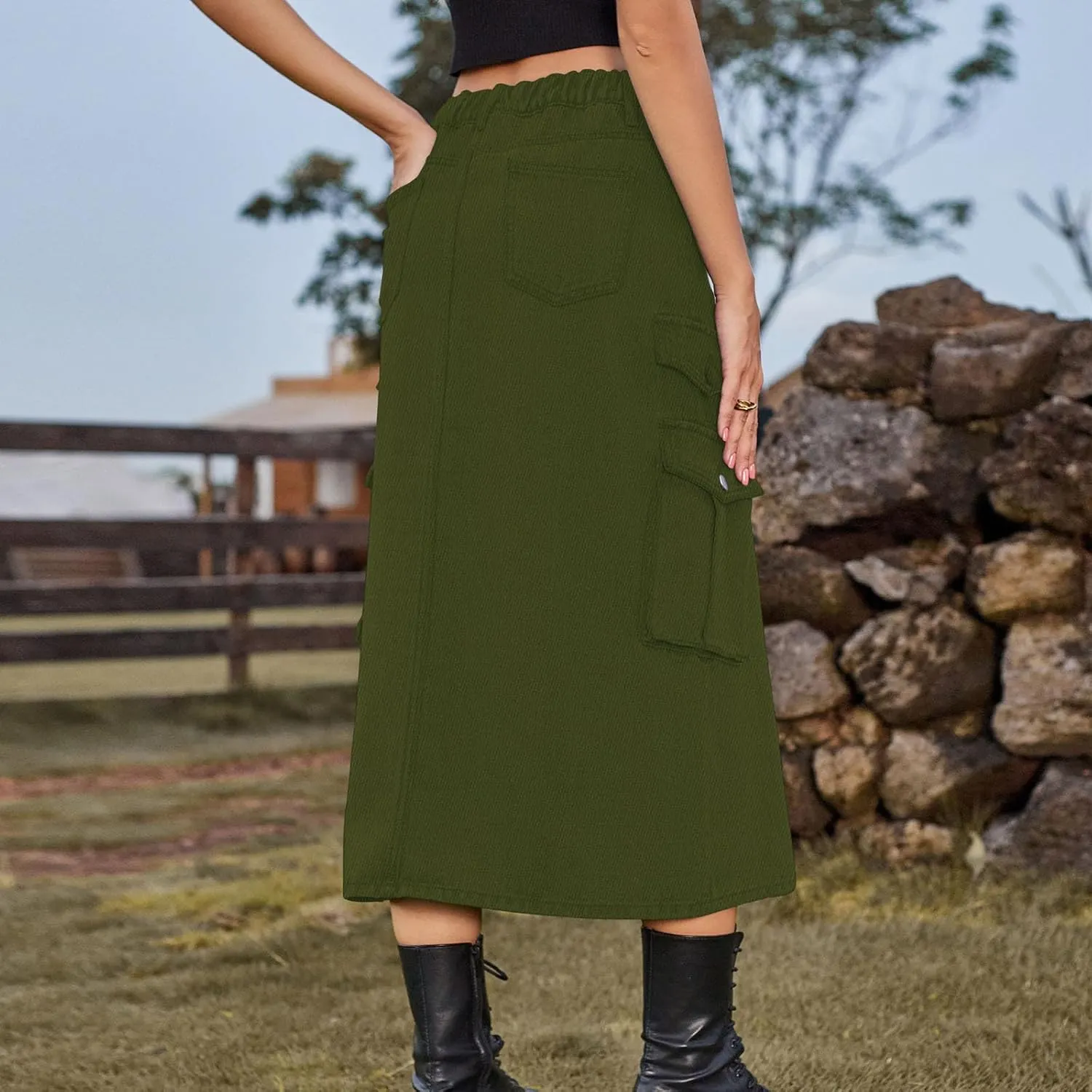 Women's Maxi Long Denim Skirt High Waist Split Casual Side Flap Pocket A-Line Twill Skirt Classic Midi Jean Skirt