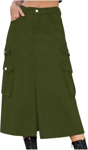 Women's Maxi Long Denim Skirt High Waist Split Casual Side Flap Pocket A-Line Twill Skirt Classic Midi Jean Skirt