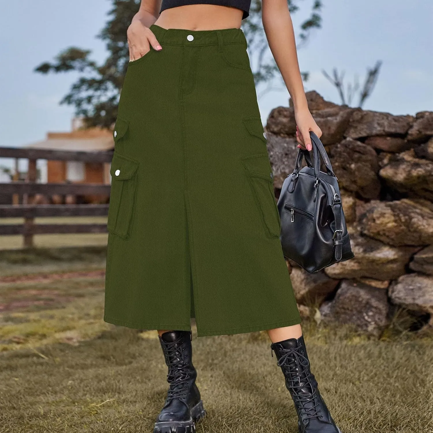 Women's Maxi Long Denim Skirt High Waist Split Casual Side Flap Pocket A-Line Twill Skirt Classic Midi Jean Skirt
