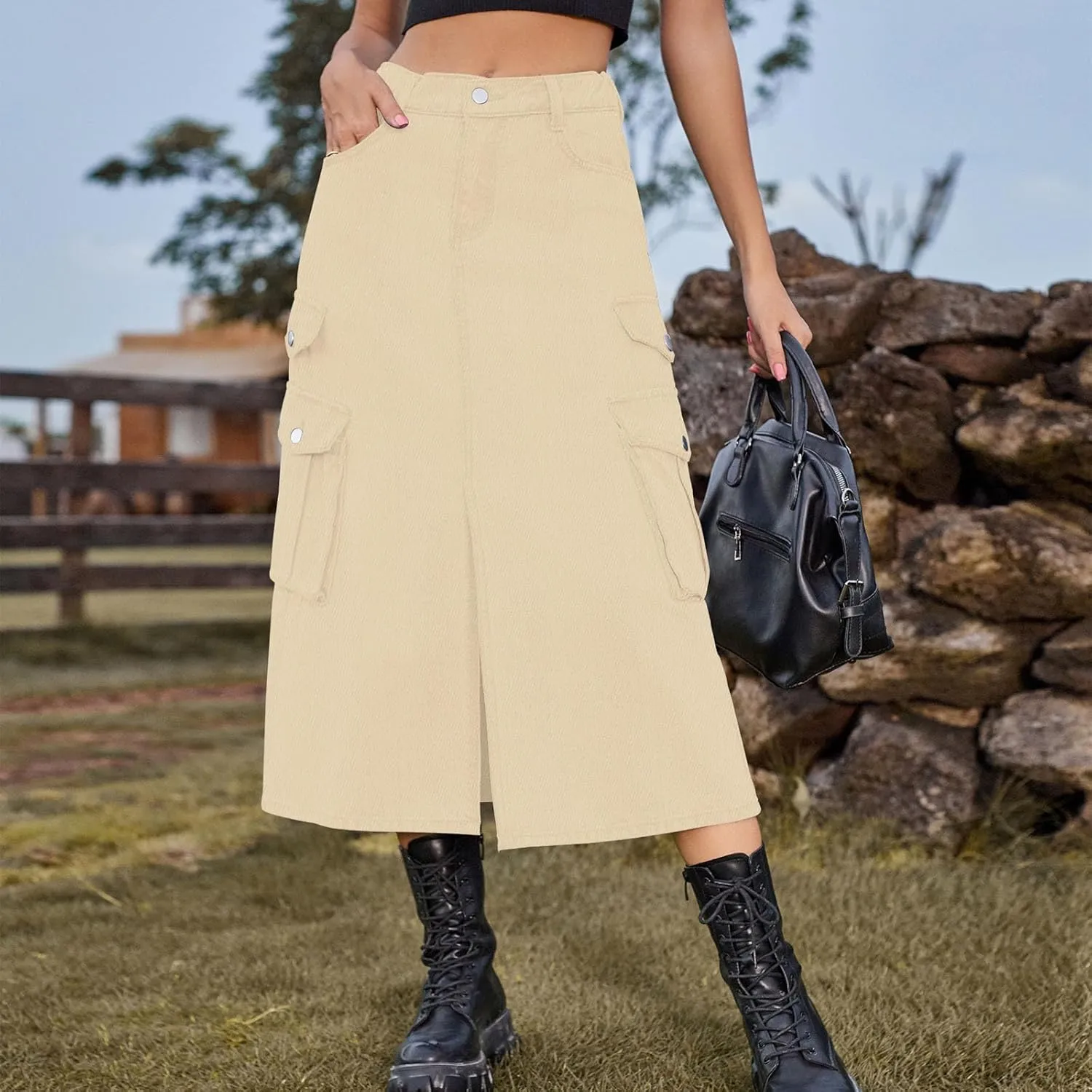 Women's Maxi Long Denim Skirt High Waist Split Casual Side Flap Pocket A-Line Twill Skirt Classic Midi Jean Skirt