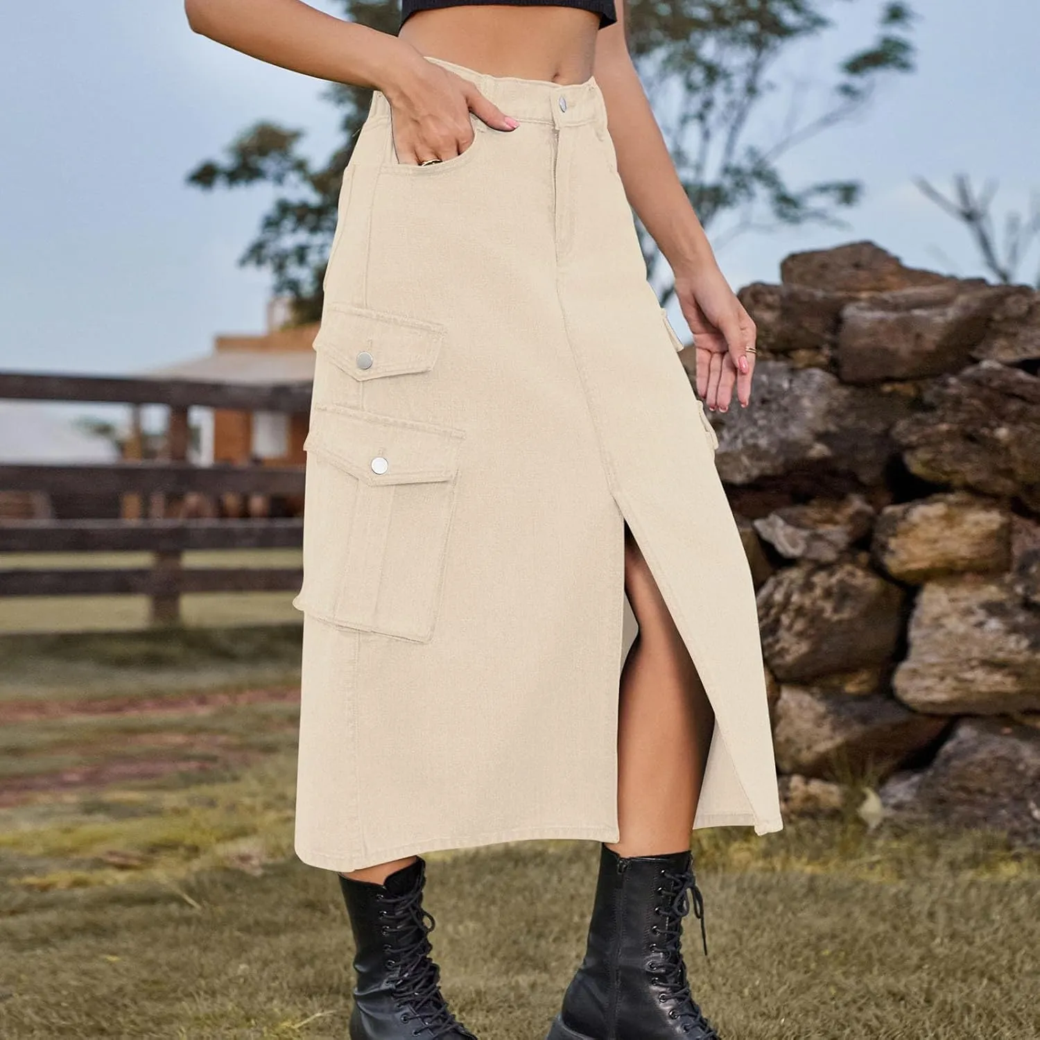Women's Maxi Long Denim Skirt High Waist Split Casual Side Flap Pocket A-Line Twill Skirt Classic Midi Jean Skirt