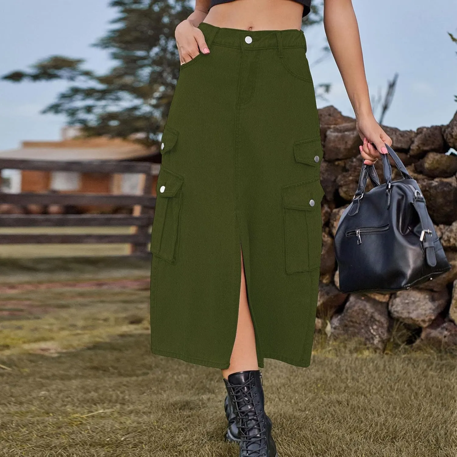 Women's Maxi Long Denim Skirt High Waist Split Casual Side Flap Pocket A-Line Twill Skirt Classic Midi Jean Skirt
