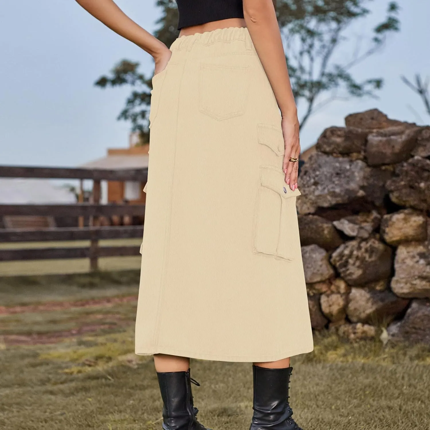 Women's Maxi Long Denim Skirt High Waist Split Casual Side Flap Pocket A-Line Twill Skirt Classic Midi Jean Skirt