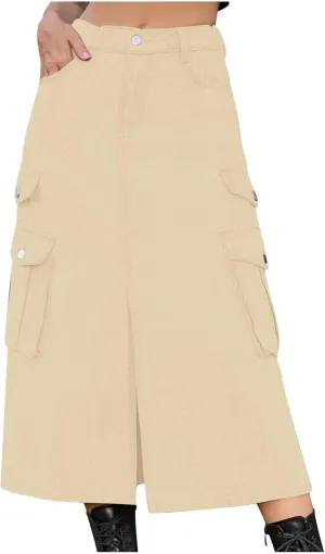 Women's Maxi Long Denim Skirt High Waist Split Casual Side Flap Pocket A-Line Twill Skirt Classic Midi Jean Skirt
