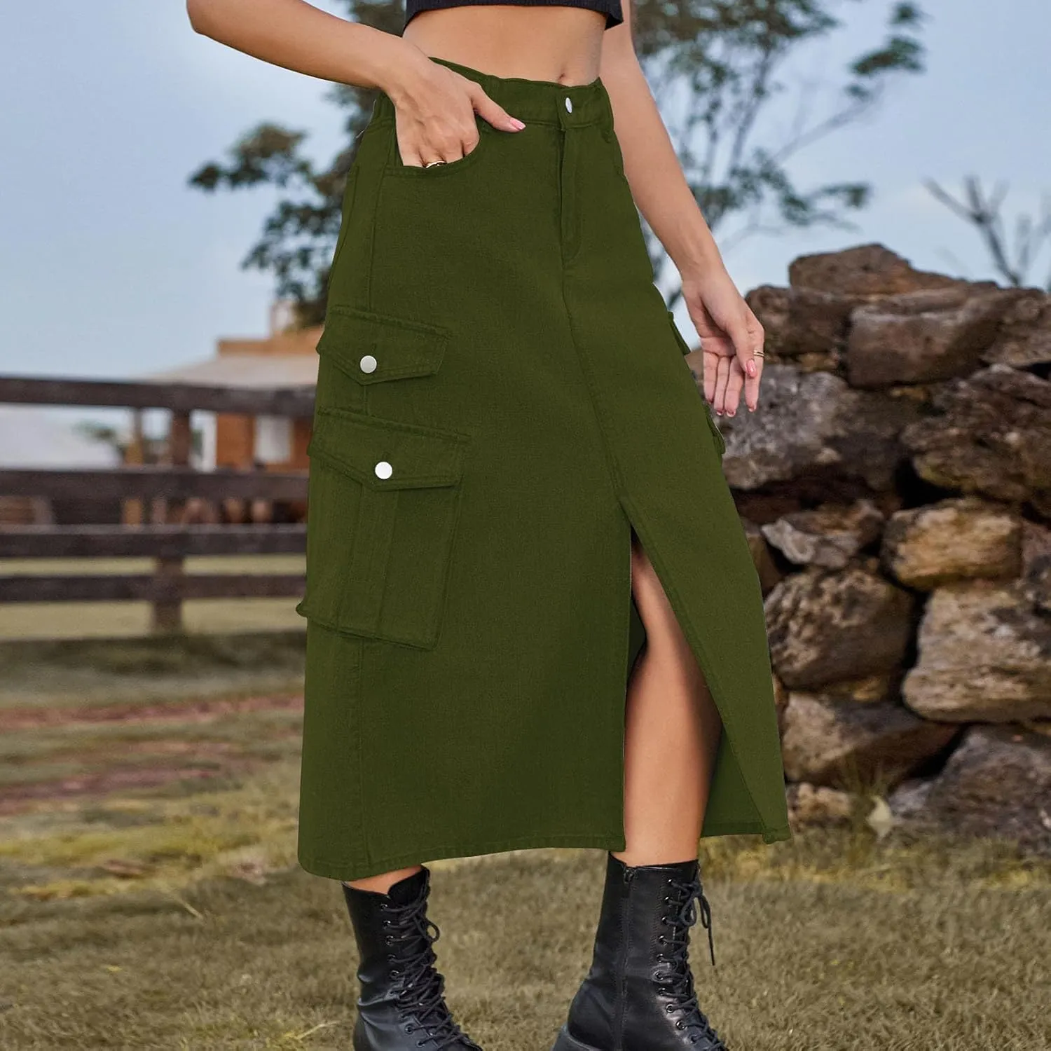 Women's Maxi Long Denim Skirt High Waist Split Casual Side Flap Pocket A-Line Twill Skirt Classic Midi Jean Skirt