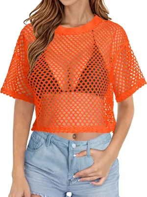 Women's Mesh Top Fishnet T Shirts Sheer Loose Short Sleeve See Through Crop Tops