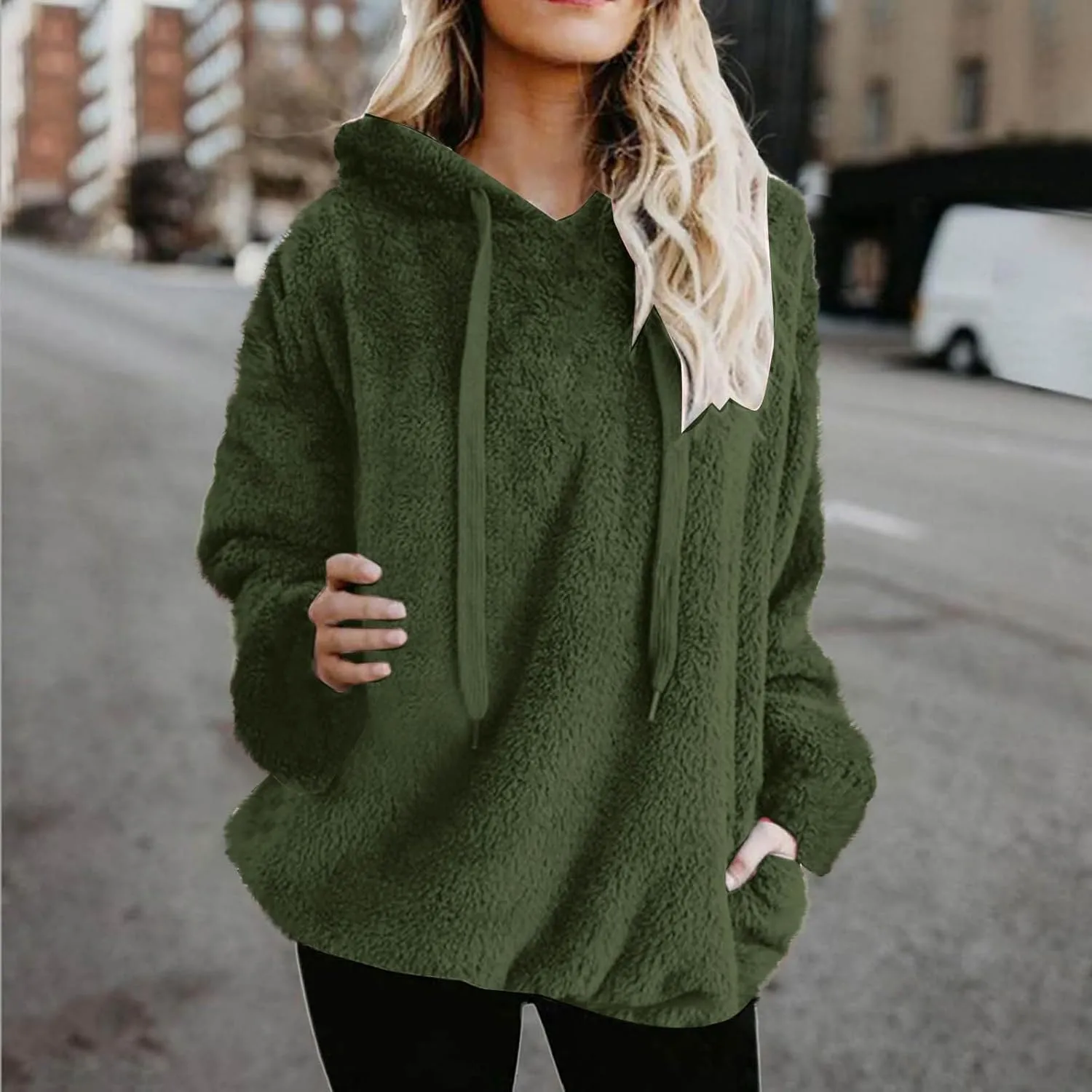 Womens Oversized Sherpa Pullover Hoodies Fuzzy Fleece Sweatshirt Plus Size Fall Winter Fluffy Jacket with Pockets