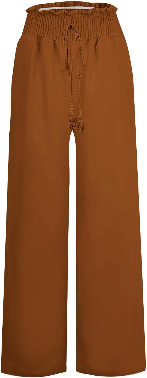 Women's Palazzo Pants Loose Casual Vacation High Waist Lace-Up Wide Leg Trousers Comfy Linen Pants with Pockets
