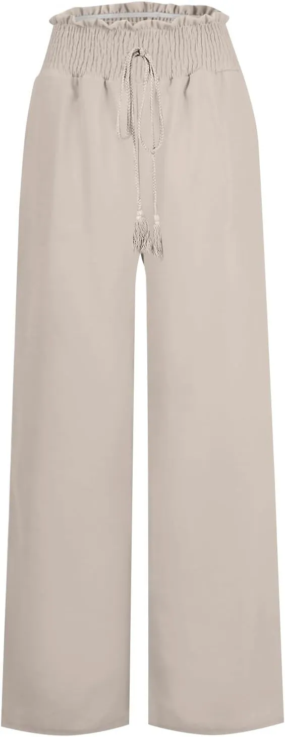 Women's Palazzo Pants Loose Casual Vacation High Waist Lace-Up Wide Leg Trousers Comfy Linen Pants with Pockets