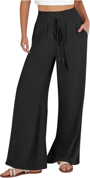 Women's Palazzo Pants Loose Casual Vacation High Waist Lace-Up Wide Leg Trousers Comfy Linen Pants with Pockets