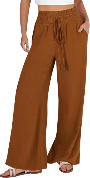 Women's Palazzo Pants Loose Casual Vacation High Waist Lace-Up Wide Leg Trousers Comfy Linen Pants with Pockets