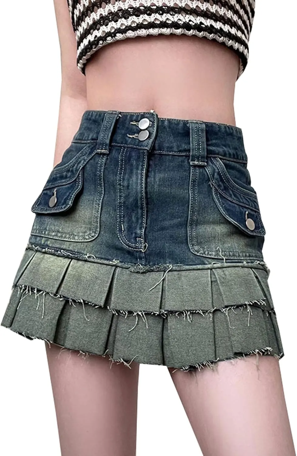 Women's Pleated Denim Cargo Skirt High Waisted Trendy 2023 Retro Gothic Y2k Short Jean Skirt