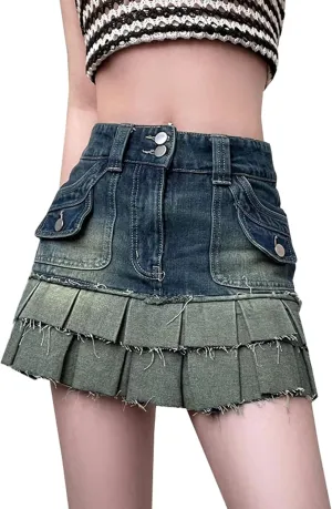 Women's Pleated Denim Cargo Skirt High Waisted Trendy 2023 Retro Gothic Y2k Short Jean Skirt