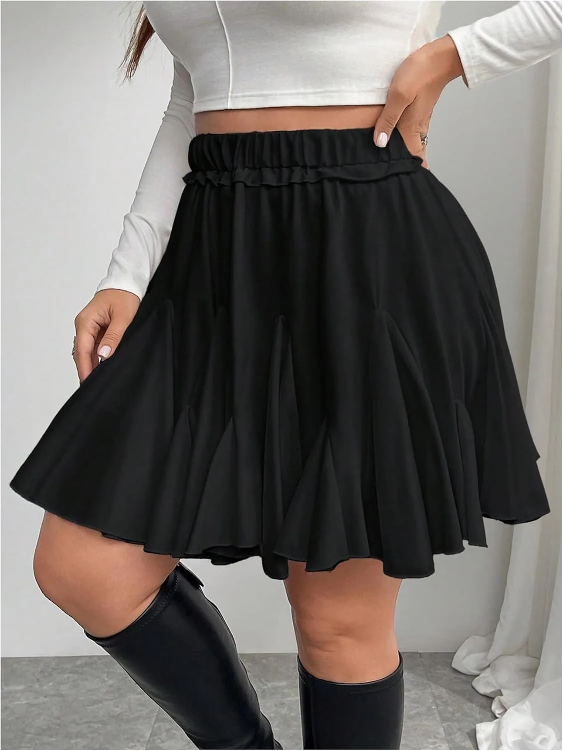 Women's Plus Size Ruffled Hem Pleated Skirt Elastic High Waisted Summer Short Skirts