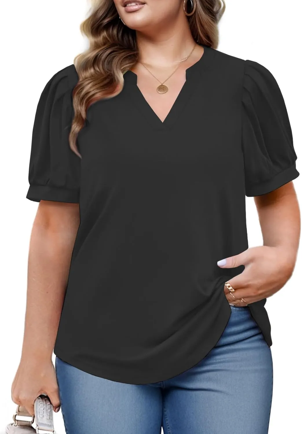 Womens Plus Size Tops Summer Puff Sleeve Shirts Casual Pleated Notched V Neck Tunics Tee XL-5XL