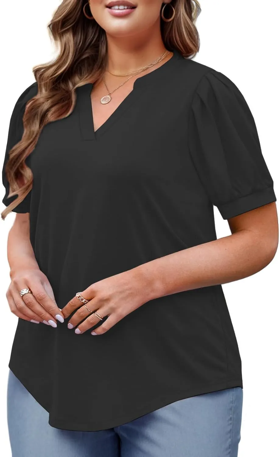 Womens Plus Size Tops Summer Puff Sleeve Shirts Casual Pleated Notched V Neck Tunics Tee XL-5XL