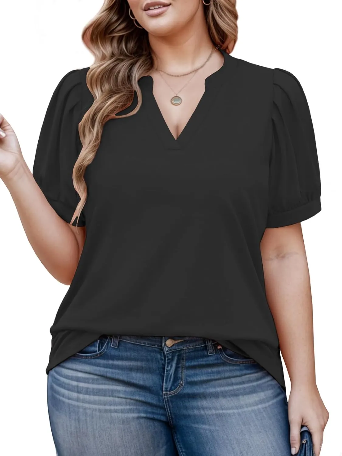 Womens Plus Size Tops Summer Puff Sleeve Shirts Casual Pleated Notched V Neck Tunics Tee XL-5XL