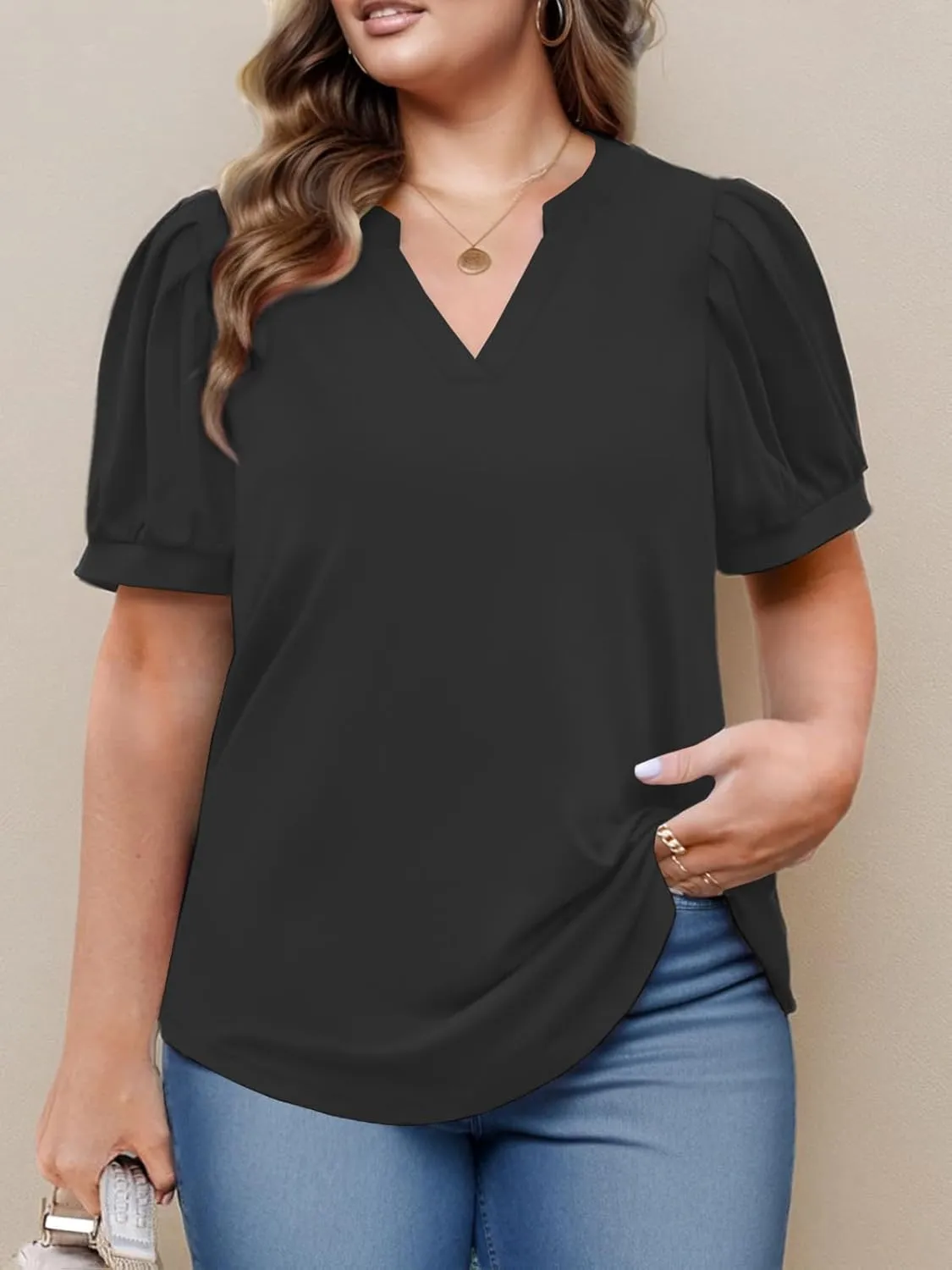 Womens Plus Size Tops Summer Puff Sleeve Shirts Casual Pleated Notched V Neck Tunics Tee XL-5XL