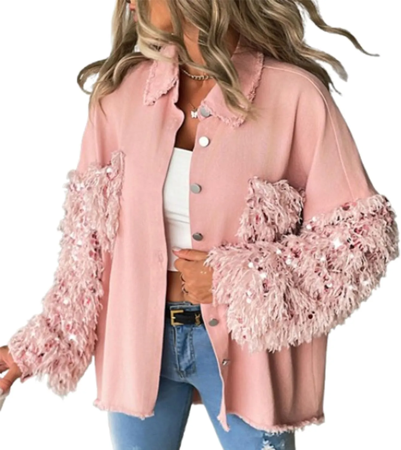 Women's Sequin Patchwork Long Sleeve Jacket Top,Denim Patchwork Sequin Jackets,Multicolor Sequin Patchwork Coat
