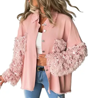 Women's Sequin Patchwork Long Sleeve Jacket Top,Denim Patchwork Sequin Jackets,Multicolor Sequin Patchwork Coat