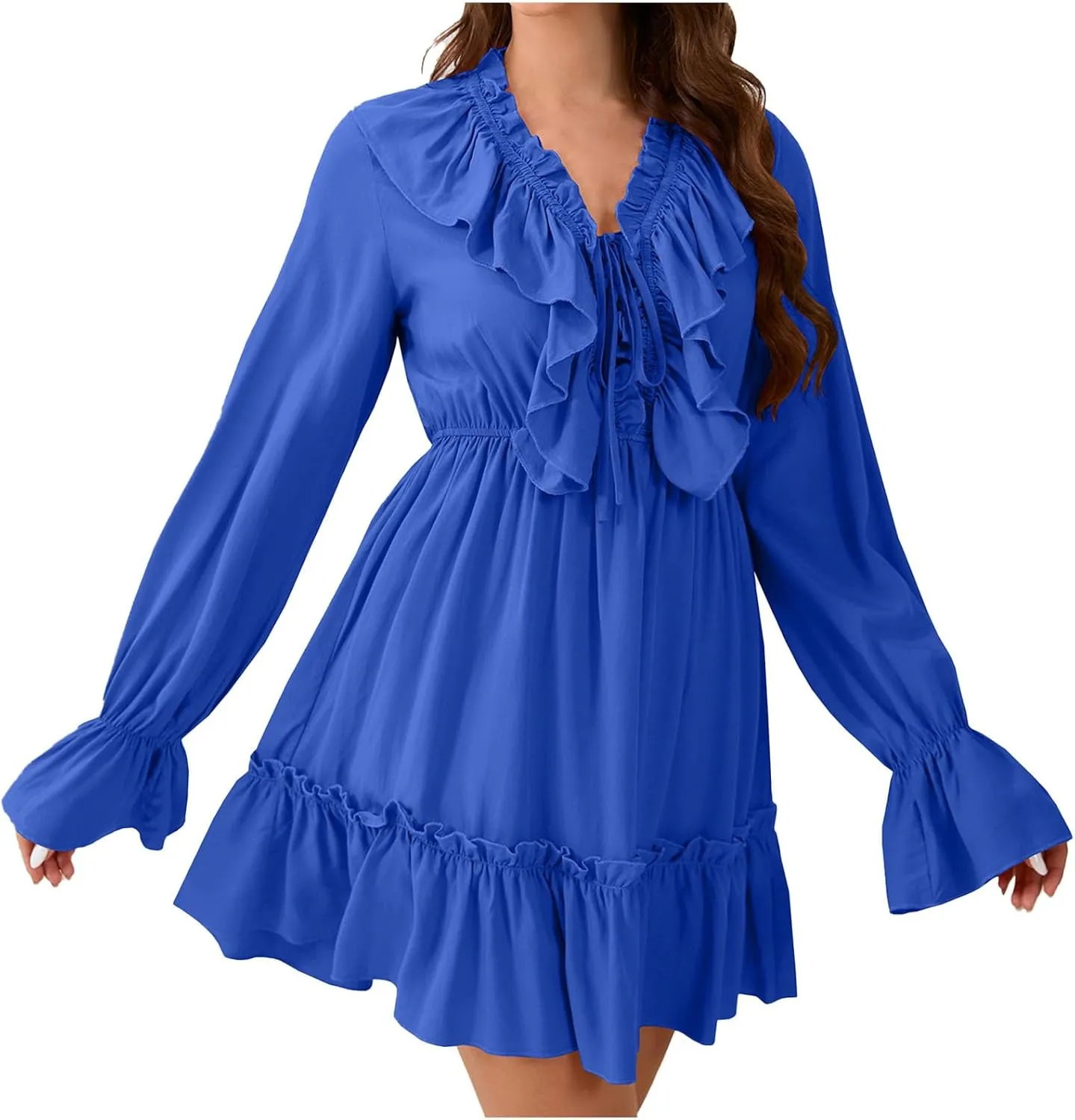 Womens Spring Summer Knot Front V Neck Ruffles Long Sleeve Floral Print Swing Mini Dress 2025 Textured Tiered Ruffle Dresses