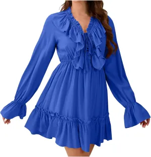 Womens Spring Summer Knot Front V Neck Ruffles Long Sleeve Floral Print Swing Mini Dress 2025 Textured Tiered Ruffle Dresses