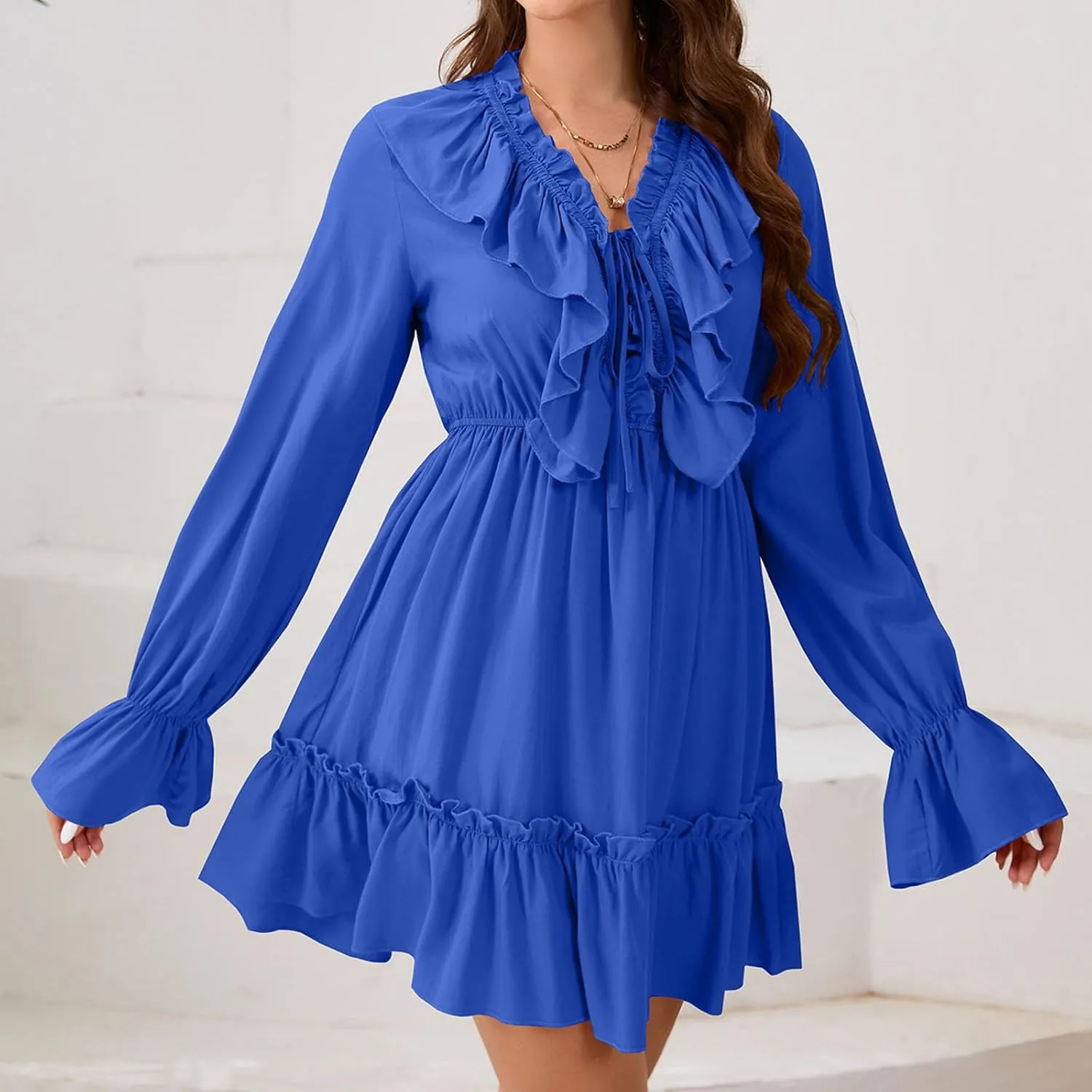 Womens Spring Summer Knot Front V Neck Ruffles Long Sleeve Floral Print Swing Mini Dress 2025 Textured Tiered Ruffle Dresses