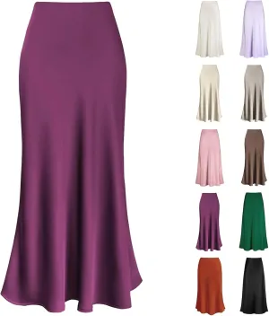 Women's Spring Summer Skirt 2024 Silk Elegant Ruffled Smooth High Waist Cocktail Party Wedding Mermaid Hem Satin Maxi Skirts