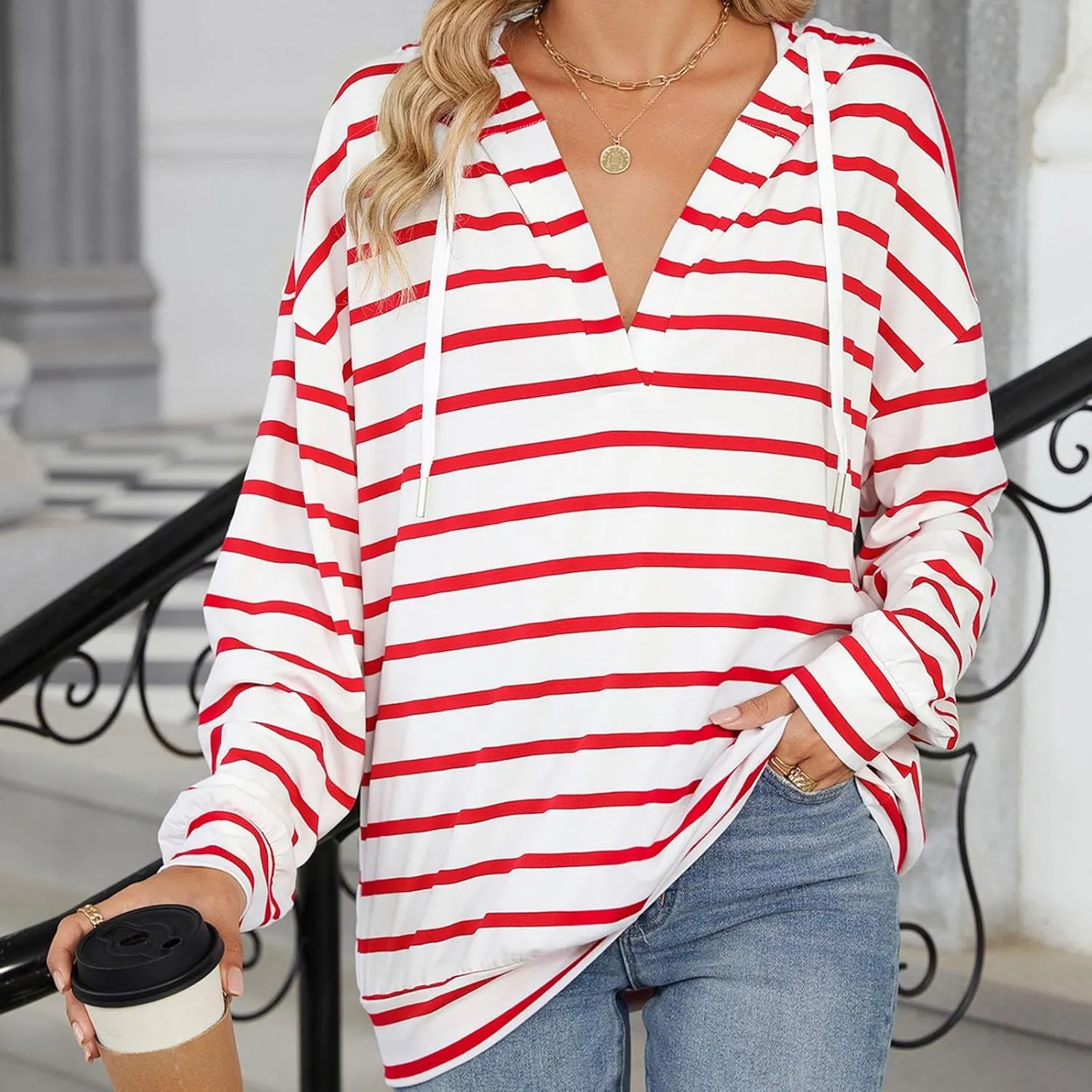 Women's Striped Hoodies V Neck Casual Casual Sweatshirts Long Sleeve Fall Tops Comfy Drawstring Pullover Sweatshirt