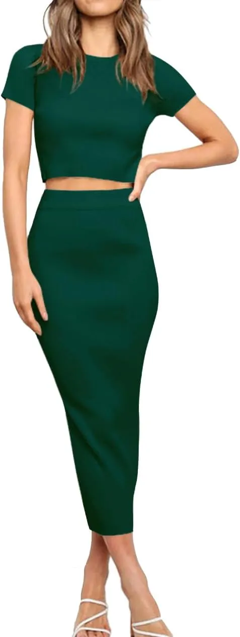 Women's Summer Bodycon Dress Crop Tops Knit Sweater Maxi Dresses 2 Piece Outfits Trendy Work Office Clothes