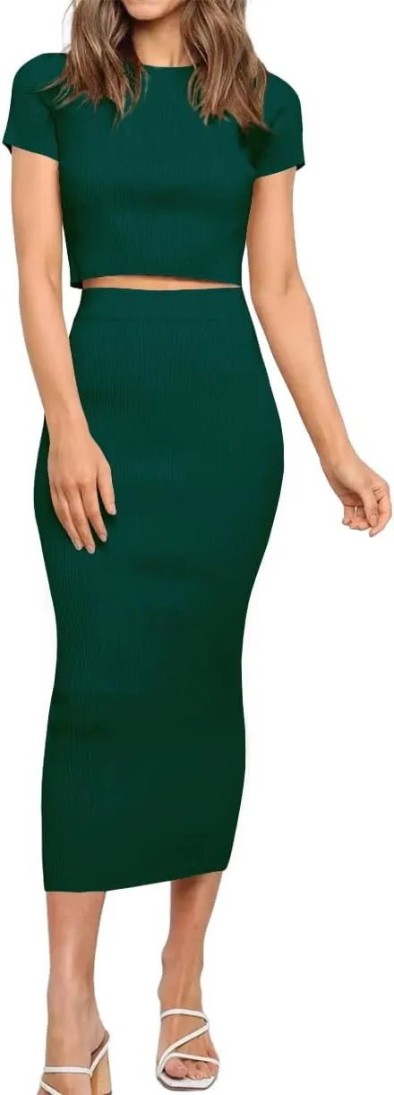 Women's Summer Bodycon Dress Crop Tops Knit Sweater Maxi Dresses 2 Piece Outfits Trendy Work Office Clothes