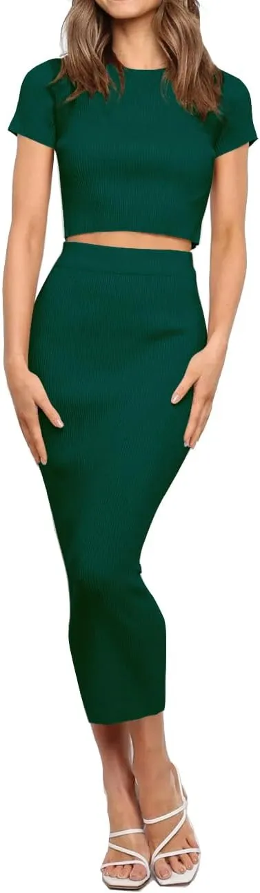 Women's Summer Bodycon Dress Crop Tops Knit Sweater Maxi Dresses 2 Piece Outfits Trendy Work Office Clothes