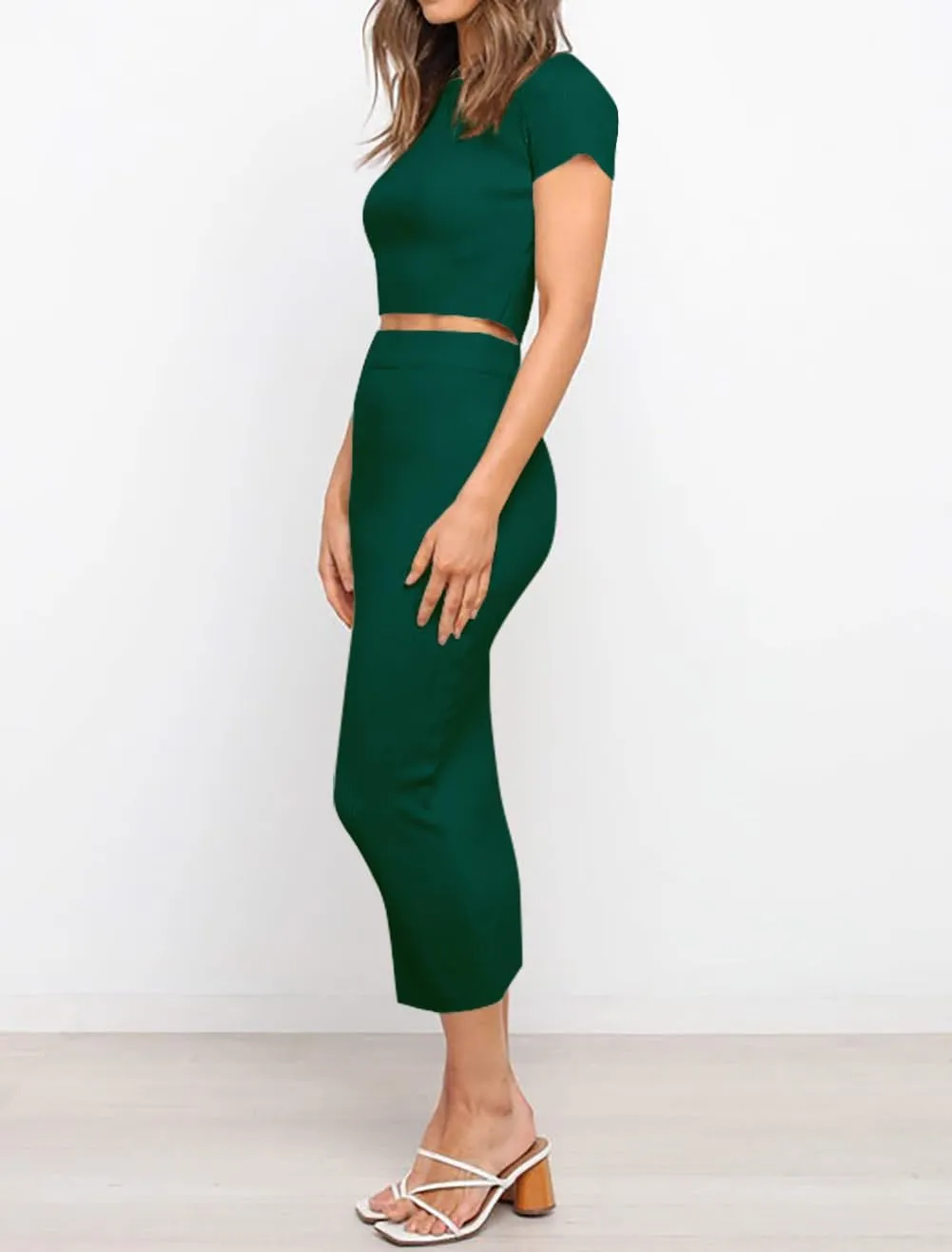 Women's Summer Bodycon Dress Crop Tops Knit Sweater Maxi Dresses 2 Piece Outfits Trendy Work Office Clothes