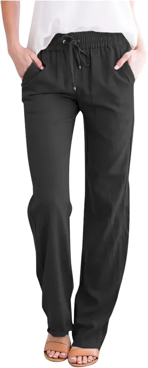 Womens Summer Casual Drawstring Pants Straight Leg Elastic Waist Regular Fit Loose Comfy Lounge Trousers with Pockets
