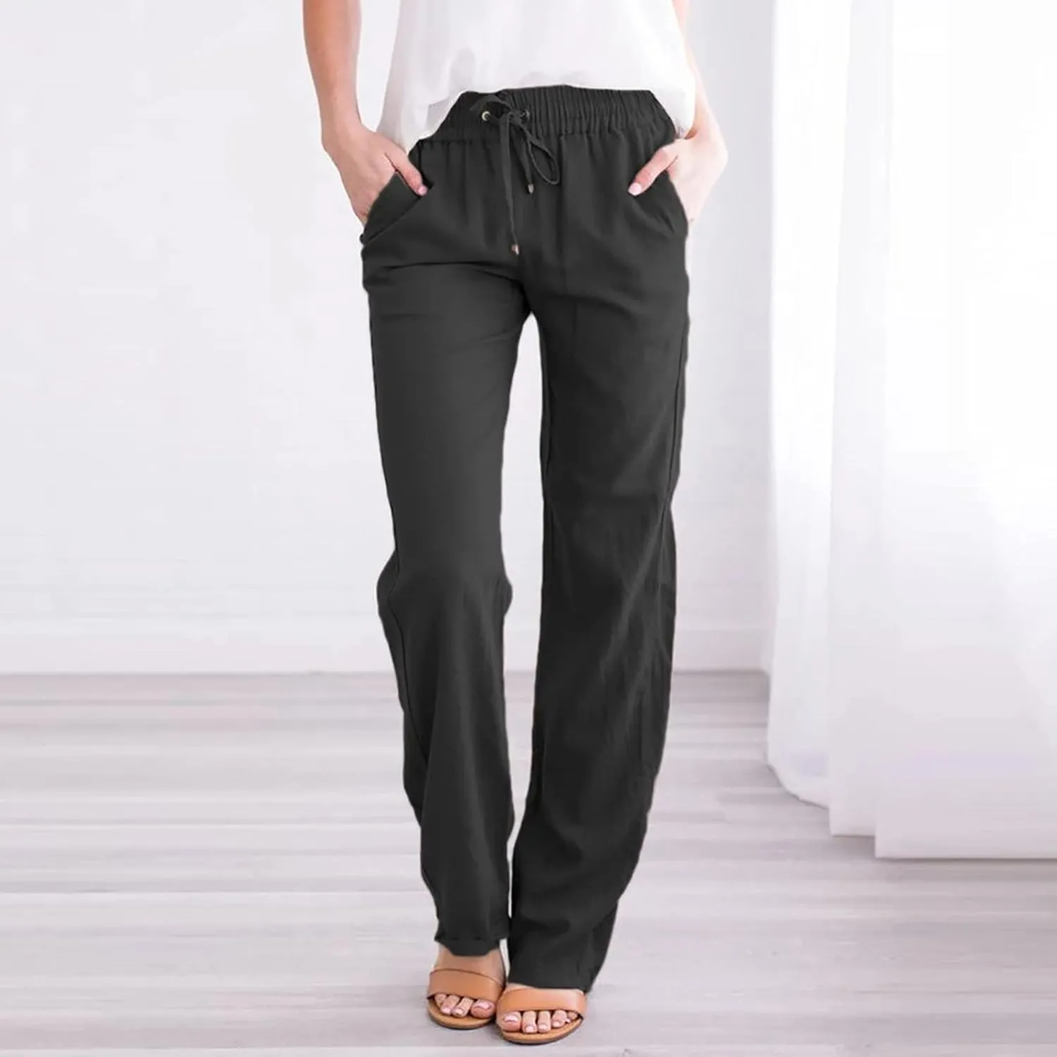 Womens Summer Casual Drawstring Pants Straight Leg Elastic Waist Regular Fit Loose Comfy Lounge Trousers with Pockets