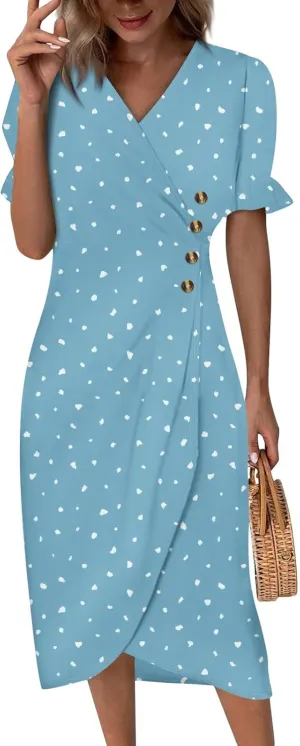 Women's Summer Casual Loose Short Sleeve V-Neck Floral Printed Solid Sun Beach Vacation Dress Plus Size, S-3XL