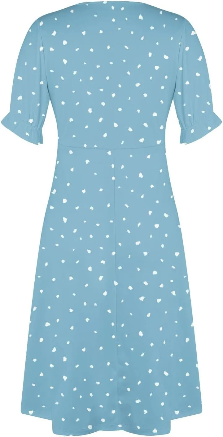 Women's Summer Casual Loose Short Sleeve V-Neck Floral Printed Solid Sun Beach Vacation Dress Plus Size, S-3XL
