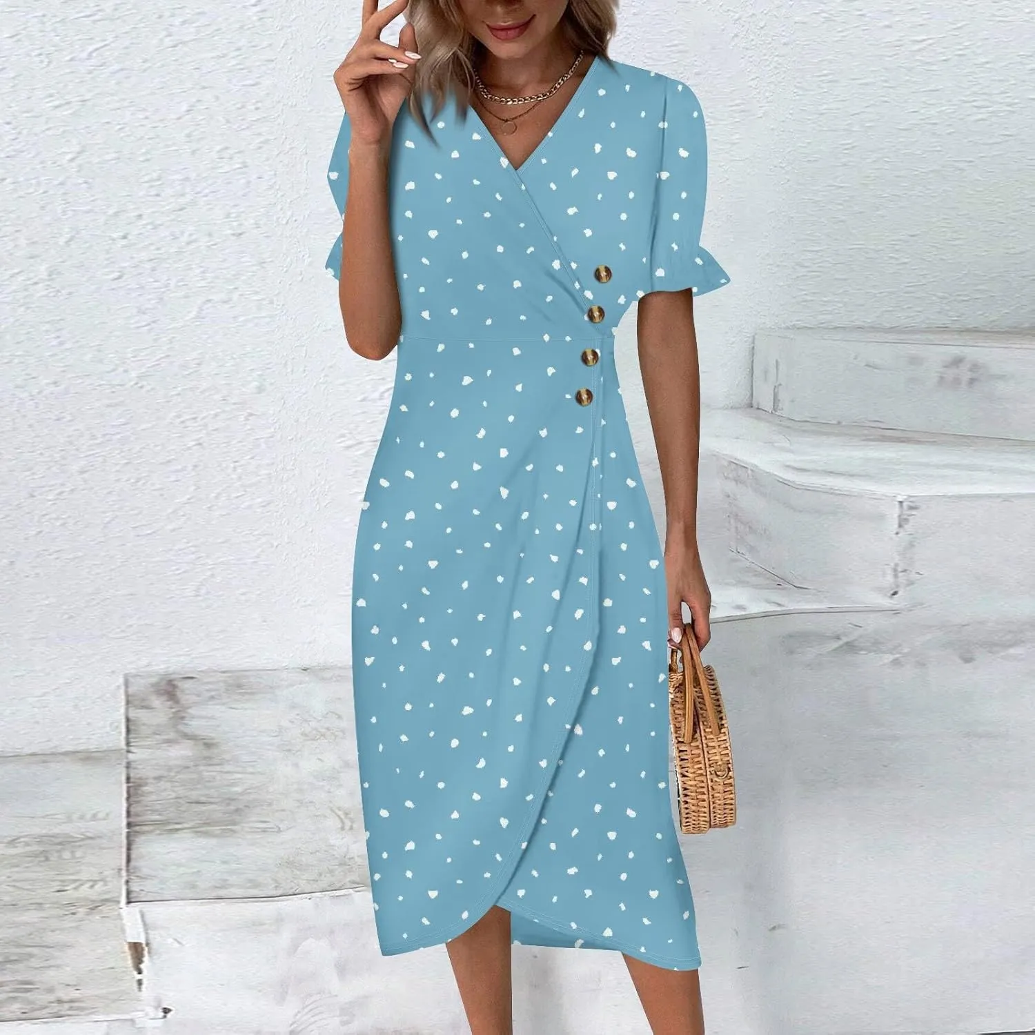 Women's Summer Casual Loose Short Sleeve V-Neck Floral Printed Solid Sun Beach Vacation Dress Plus Size, S-3XL