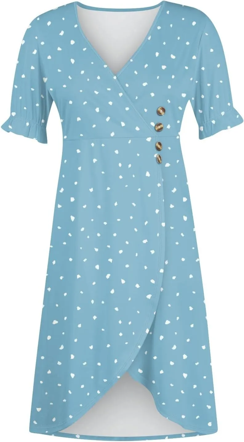 Women's Summer Casual Loose Short Sleeve V-Neck Floral Printed Solid Sun Beach Vacation Dress Plus Size, S-3XL