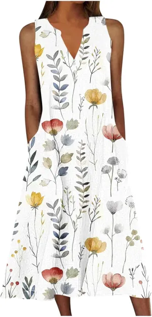 Womens Summer Dresses Boho Floral Printed Sundress Casual Button V-Neck Sleeveless Beach Vacation Midi Dress