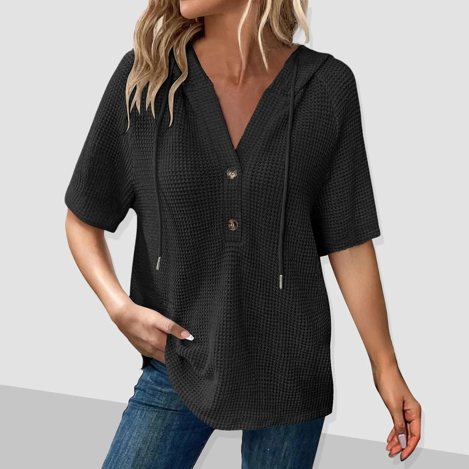 Womens Summer Waffle Knit Short Sleeve Tops Lightweight Drawstring Hoodies Button V Neck Casual Blouse Hooded Shirts