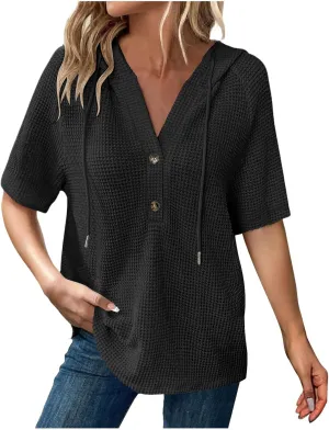 Womens Summer Waffle Knit Short Sleeve Tops Lightweight Drawstring Hoodies Button V Neck Casual Blouse Hooded Shirts