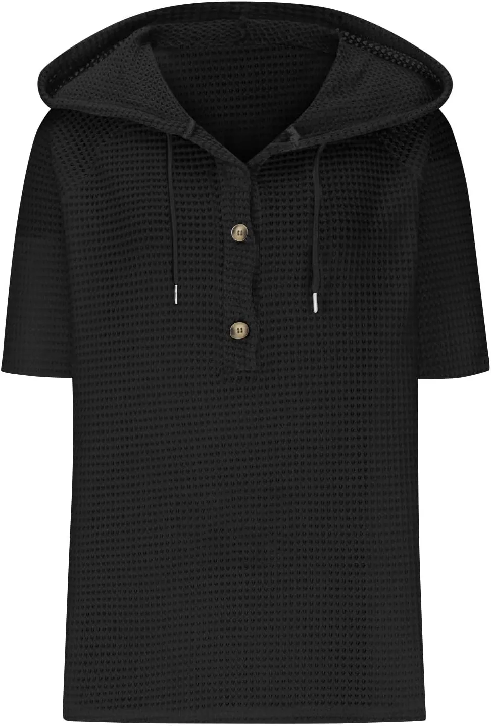Womens Summer Waffle Knit Short Sleeve Tops Lightweight Drawstring Hoodies Button V Neck Casual Blouse Hooded Shirts