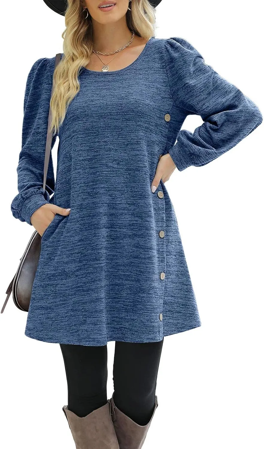 Womens Sweater Dresses 2024 Trendy Crewneck Solid Color Button Long Sleeve Casual Loose Dress Fall Outfits with Pockets